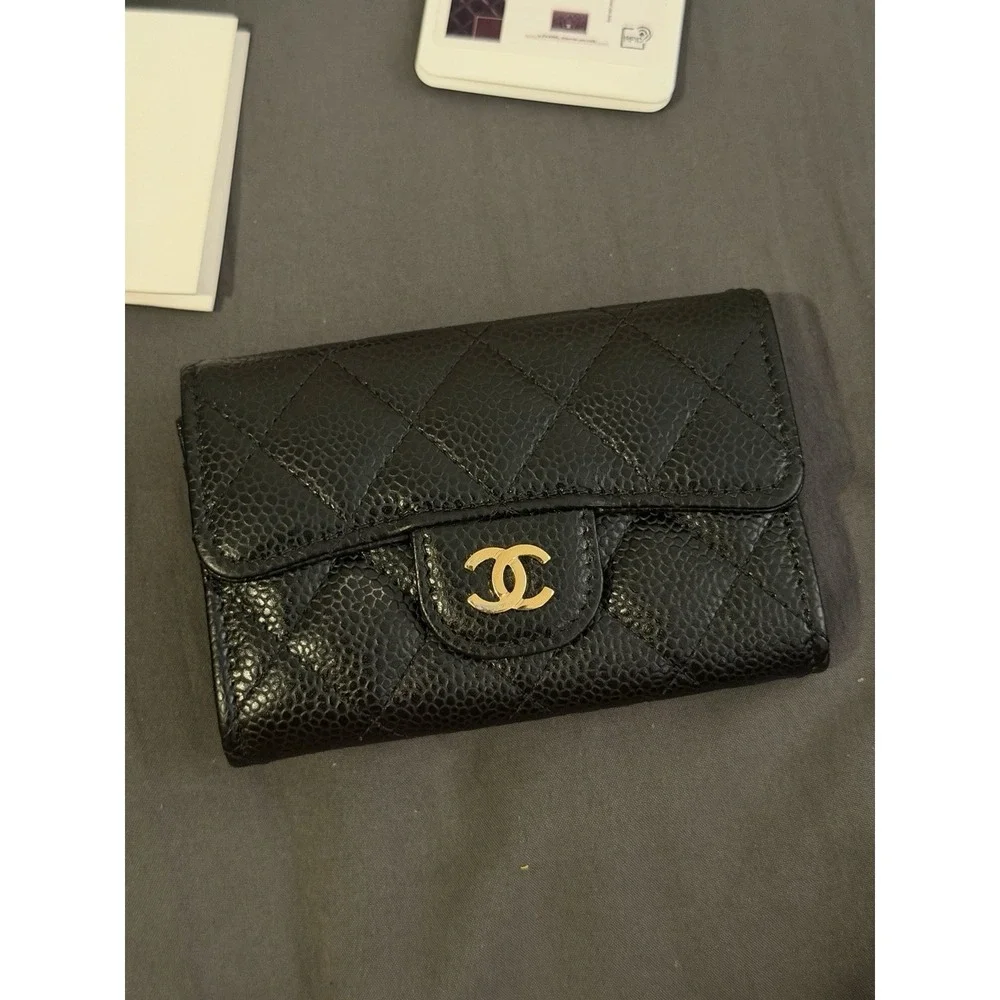 CHANEL Caviar Quilted Flap Card Holder Wallet Black Gold CC